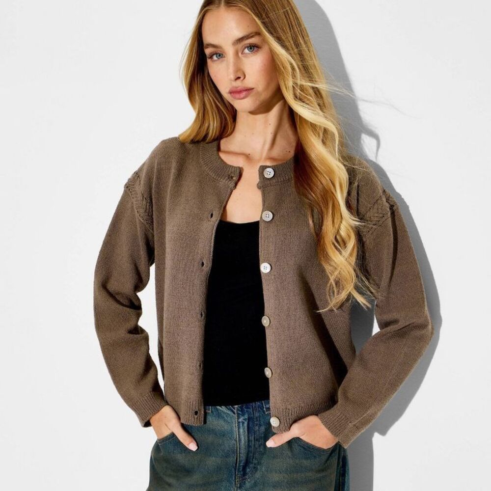 Open Box - Wild Fable - Women's Crewneck Cable Trim Cardigan - Wild Fable  Brown